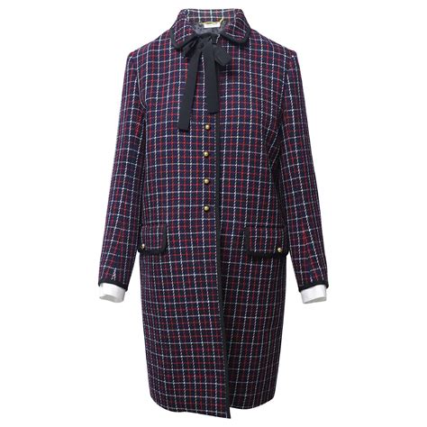 Miu Miu Checkered Car Coat in Navy Blue Lana Vergine Sz 10 